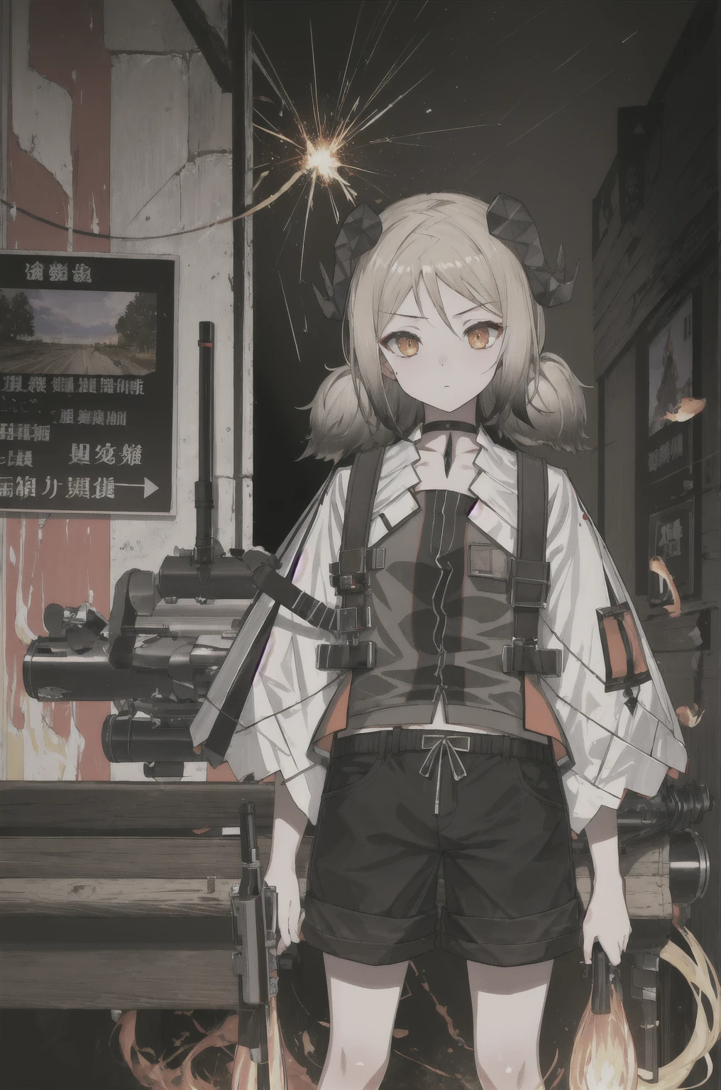 8K,high resolution,absurd,masterpiece,best quality,The original,Extremely detailed CG,Extremely detailed wallpaper,Perfect lighting,1 Girl,Vague_background,
(hutaodef:1.2),Black shorts,black h在 with h在 ,Regular Clothes,explode,battlefield,Gunsmoke