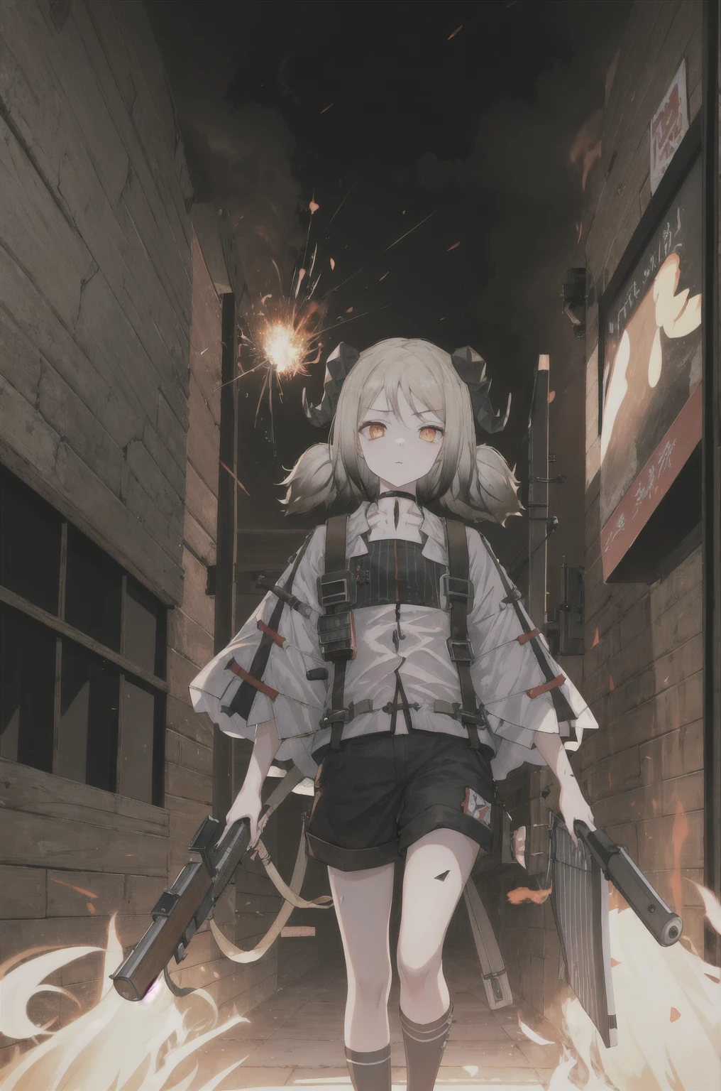 8K,high resolution,absurd,masterpiece,best quality,The original,Extremely detailed CG,Extremely detailed wallpaper,Perfect lighting,1 Girl,Vague_background,
(hutaodef:1.2),Black shorts,black h在 with h在 ,Regular Clothes,explode,battlefield,Gunsmoke