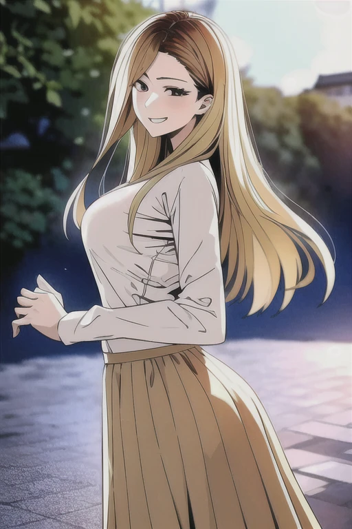 masterpiece, (best quality), 1woman,1girl , han jia, long hair, blonde hair, brown eyes, shirt, short sleeves, shorts, Korean , sexy woman, adult, smile, vibrant colors ,,natural lighting ,RTX, , beautiful, (detailed face:1.2), showcase, (perfect eyes:1.1) ,(photorealistic:1.1), 8K UHD, looking at viewer, outdoors, simple backround、Beige ribbed long sleeve shirt、Black tight long skirt
