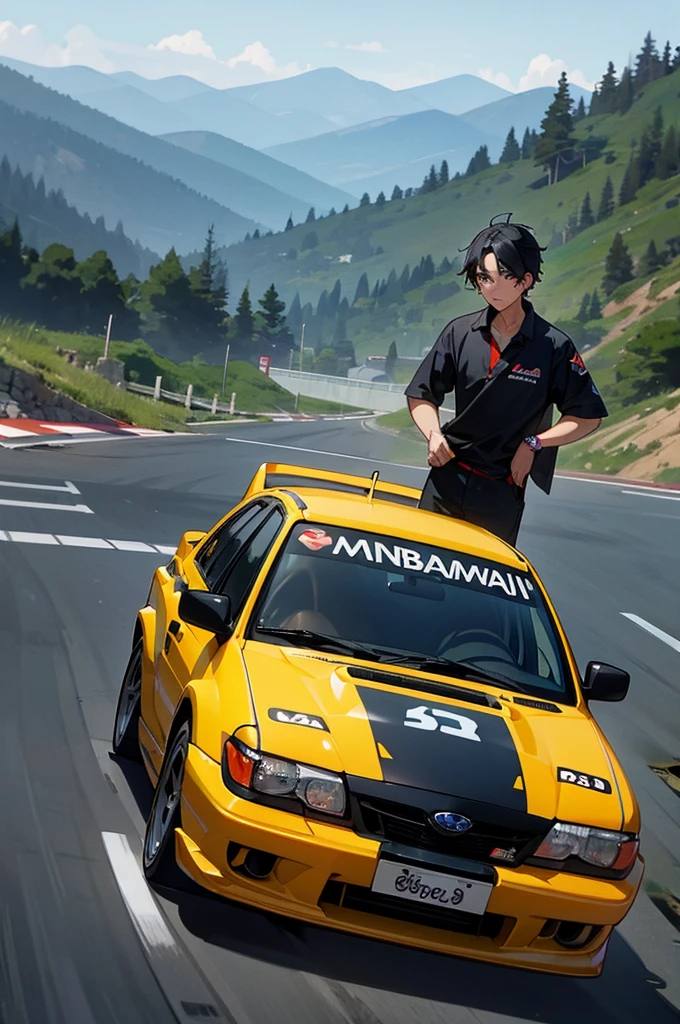 black haired boy with a subaru impreza wrx gc8 rally with some mountains in the background for wallpaper