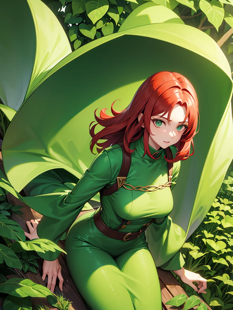 Woman with tall red hair, green eyes, Green plants everywhere, green plants Background, green outfit