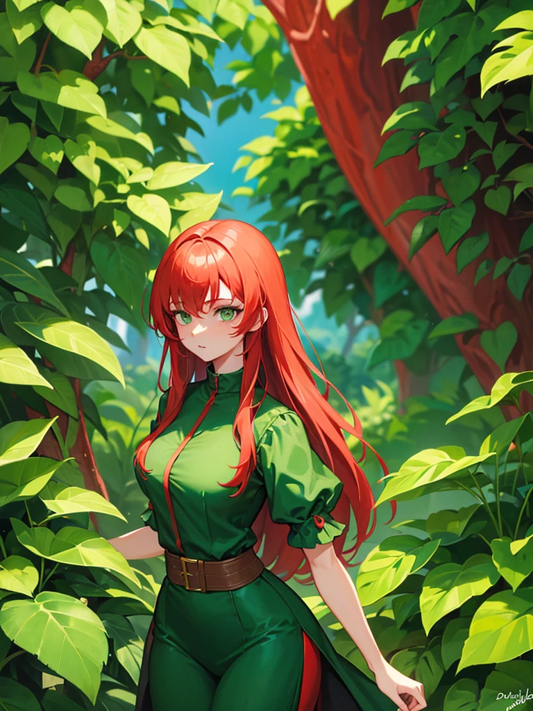 Woman with tall red hair, green eyes, Green plants everywhere, green plants Background, green outfit