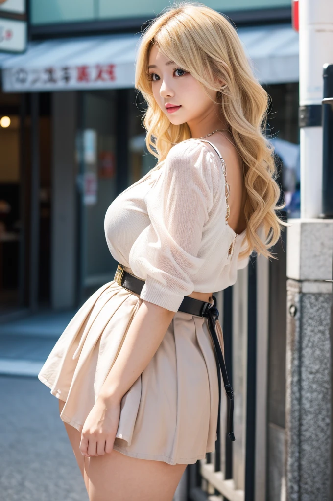 adult curvy woman,blonde wavy hair,25 years old,make up,japanese gyaru,strapped blouse,from side,short skirt