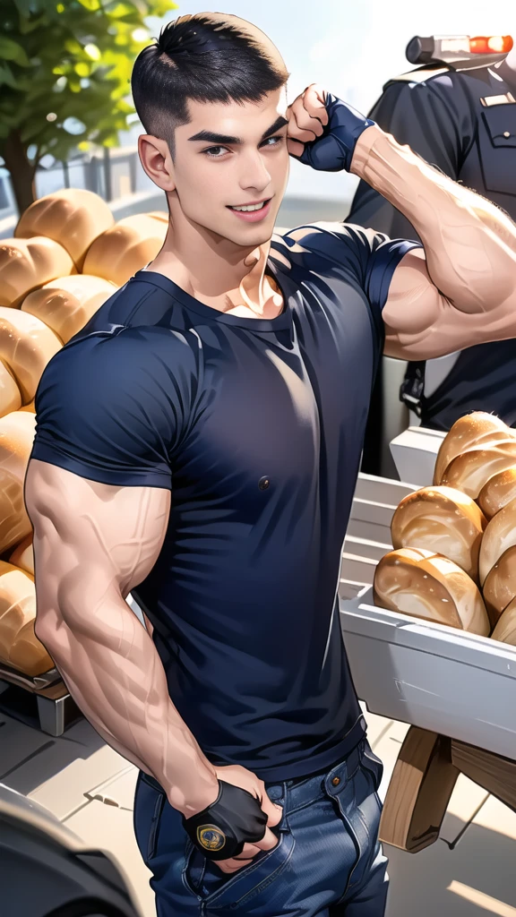 (handsome Man),(crew cut short hair:1.8),black eye,(Wear a fitted round neck t-shirt in navy with a police badge.:1.5),(fit neck),Navy blue jeans,(black_gloves:1.2), Korean guy,chest muscles,large arm muscles,blood vessel,Big muscles,Broad shoulders, (open mouth:1.2),(face up:1.2),(open eyes:1.5), middle of the road,smile, In front of the bread shop(handsome Man),(crew cut short hair:1.8),black eye,(Wear a fitted round neck t-shirt in navy with a police badge.:1.5),(fit neck),Navy blue jeans,(black_gloves:1.2), Korean guy,chest muscles,large arm muscles,blood vessel,Big muscles,Broad shoulders, (open mouth:1.2),(face up:1.2),(open eyes:1.5), middle of the road,smile, In front of the bread shop