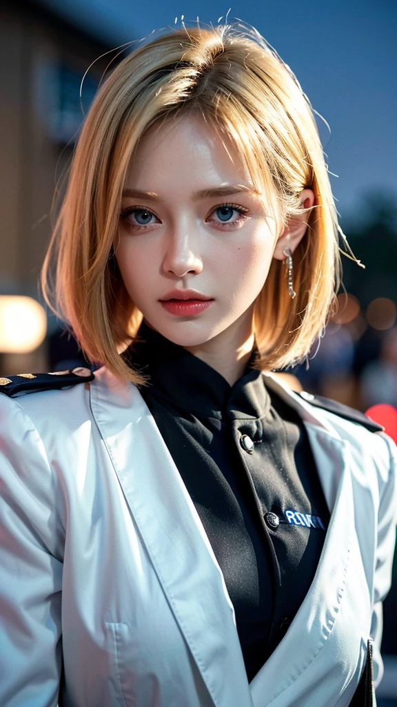 ((Best Quality, 8k, Masterpiece: 1.3)), Focus Sharp: 1.2, Outstanding Beauty: 1.4, Blonde, blue eyes, police uniform: 1.1, (Night City, Street: 1.1), bob cut hairstyles, Highly Detailed Face and Skin Texture, Detailed Eyes, Double Eyelids, Gun,