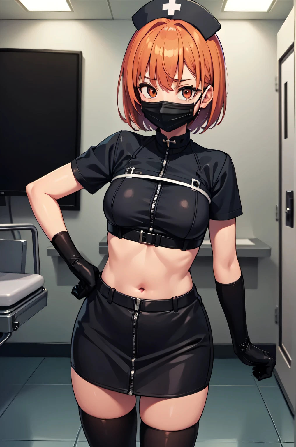 black nurse, 1girl, solo, black nurse cap, black nurse uniform, ((black legwear, zettai ryouiki)), black elbow gloves, very short hair, orange hair, ((black surgical mask, covered nose)), standing, ((surgery room)), sharp outline, short sleeves, tomboy, boyish, best quality, masterpiece