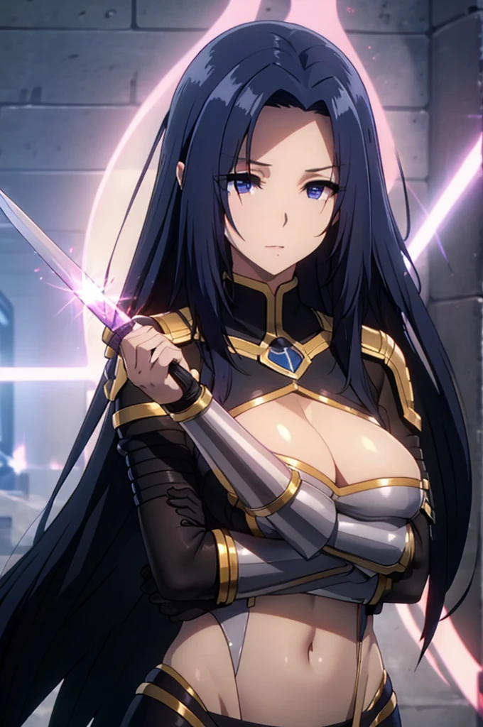 balck armor, glowing pink, long hair, sword, glowing sword, masterpiece, best quality, upper body, portrait,blue eyes,blue hair,
