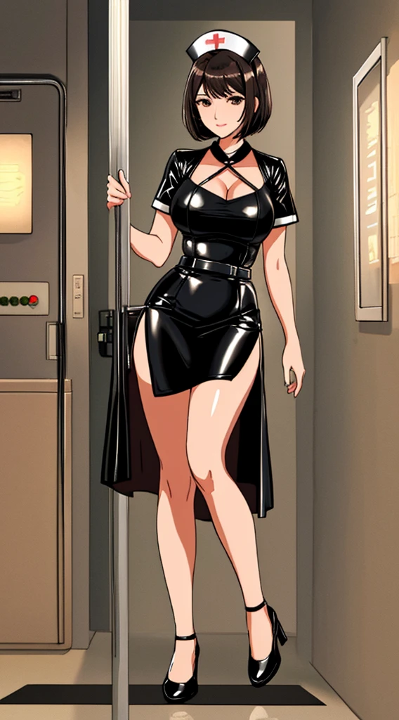 (mature woman:1.2),solo,short black hair, brown eyes, large breasts, (black latex short nurse's dress:1.1),( nurse's headdress:1.1), open neckline, sexy, (hospital room in the background:0.9), full body, , ((masterpiece)), (high quality), (best quality), (detailed), hd, perfect lighting, detailed face, detailed body, full body