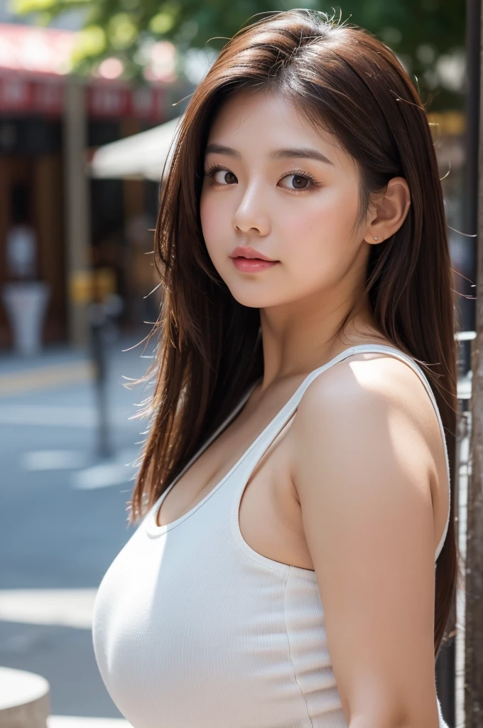 adult plump woman,dark brown hair,27 years old,(fair skin,thick arms:1.3),upperbody,close up,at downtown,sleeveless white blouse,from side,