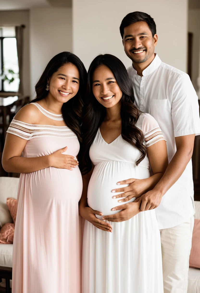 A heartwarming family image with two pregnant sisters in their 5th month, one South American in a semi-transparent pink body outfit, the other East Asian in a likewise garb. The South American sister is sitting comfortably beside her South Asian father, while the East Asian sister is warmly seated next to her Caucasian brother. Happiness and peace emanate from their expressions, their hands tenderly resting on their baby bumps. The fathers-to-be, one Black and the other White, are standing behind their partners, their faces lighting up with pride and affection as they admire their loved ones. The setting is a beautifully illuminated homely living room that reverberates with feelings of familial bond.