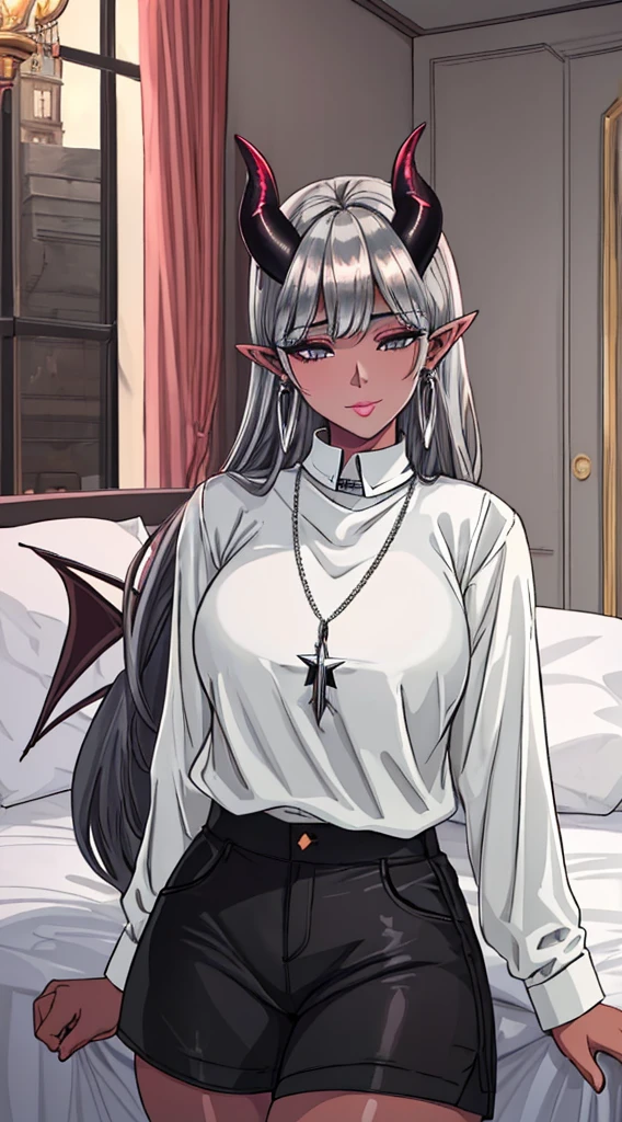 (1girls, mature, demon girl, pointy ears, black horns, colored skin, milf:1.4), (emotionless, expressionless, half-closed eyes, looking at viewer, arms around neck), large breasts, thick thighs, wide hips, curvy, hip dips, (black hair,  long hair, bangs:1.2), (gray eyes:1.2), (Silver cross necklace and silver earrings, wearing simple, long-sleeved_shirt and shorts:1.2), makeup, eyelashes, long eyelashes, thick eyelashes, thick lips, big lips, sexy lips, big mouth, sexy mouth, (skindentation:1.4), (indoors, on bed) 