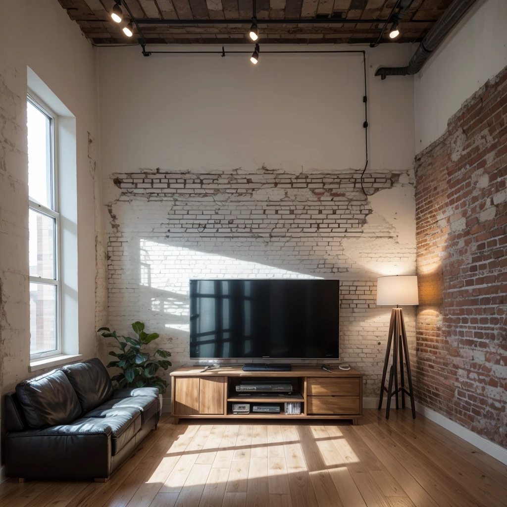 Create a TV room, with TV panel, retractable sofa, cushions, exposed brick wall, abstract painting painting, wood floor, Mattire, well lit environment with white lights,