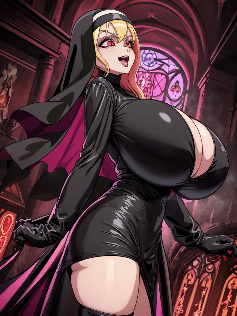 Anime-style illustrations,  (Huge  of a Gothic nun), Set in the 1990s, Surreal makeup, Leather clothing inside a gothic church at night, Neon Light, Very dark,laughing,  Horror, Red tint, chaos, an  ominous, Attention to detail, nsfw