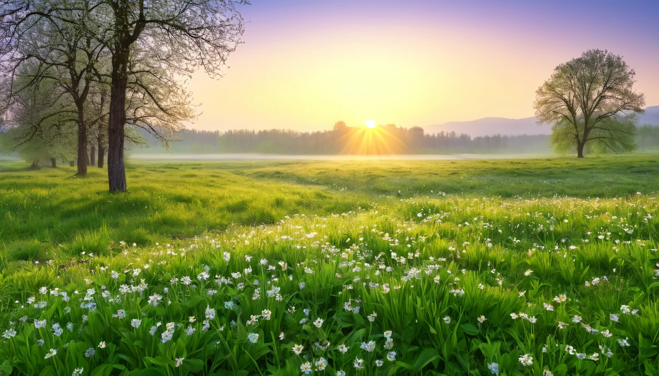 realistic photo, masterpiece, a spring morning at sunrise with the sweet scent of life, in an open meadow