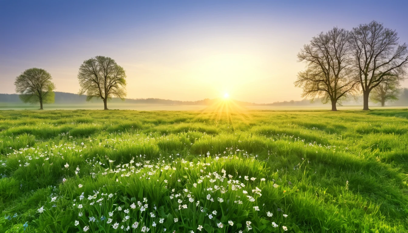realistic photo, masterpiece, a spring morning at sunrise with the sweet scent of life, in an open meadow