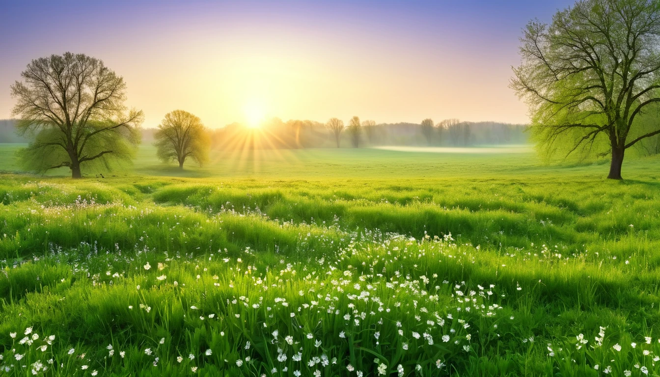 realistic photo, masterpiece, a spring morning at sunrise with the sweet scent of life, in an open meadow