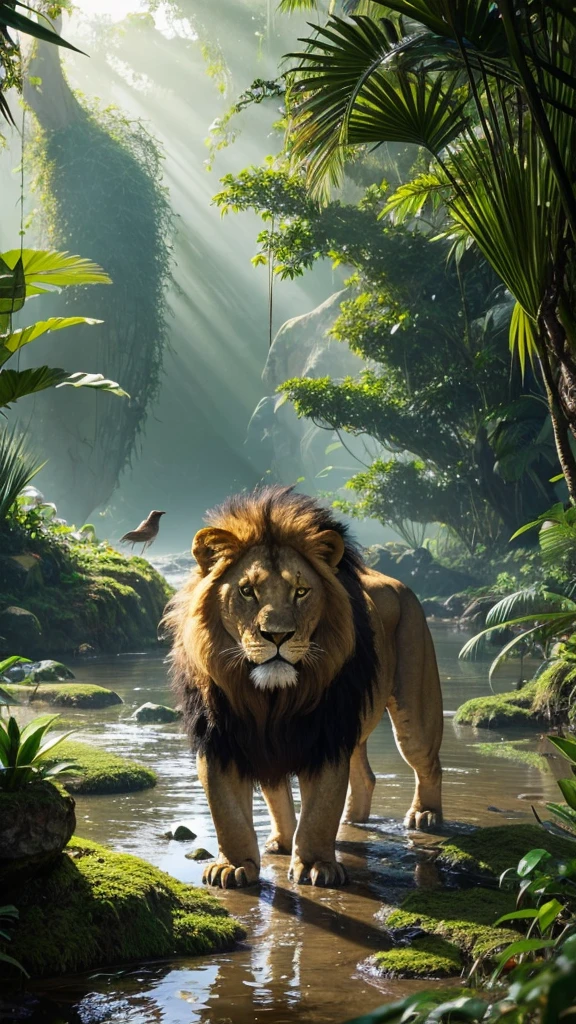 Create a highly realistic image of a creature with the head of a lion and the body of a crocodile. The lion’s head should be powerful, with its mane flowing in the wind. Its sharp eyes and large fangs should be prominent. The body should be that of a crocodile, covered in thick, rough scales with visible muscles. The legs should be sturdy, with strong claws. This creature is standing by a river in the middle of a dense jungle. The background should feature lush green trees and a river reflecting the sunlight. The jungle plants should be abundant, with various types of leaves and flowers depicted. The damp ground is covered with moss, and there are small puddles scattered around. Use light and shadow skillfully to convey the dense, humid atmosphere of the jungle. In the distant sky, there are light clouds, and birds are flying