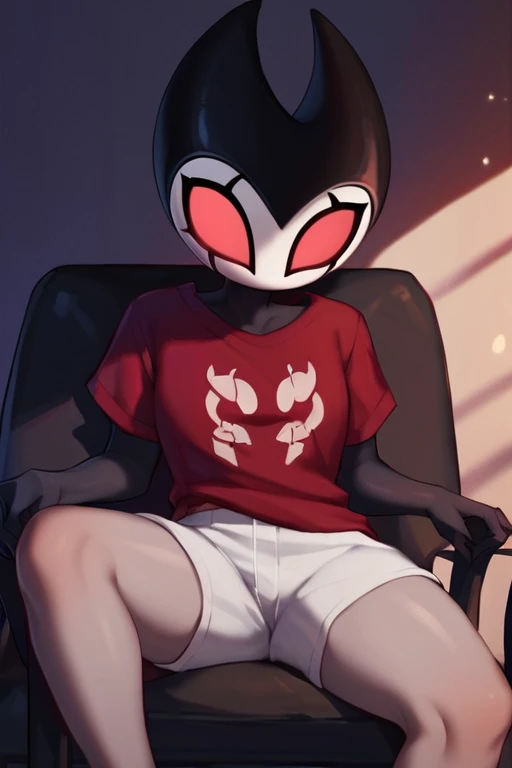 score_9, score_8_up, score_7_up, score_6_up, zPDXL2, grimm \(hollow knight\), vampire, bat, 1girl, cute face, detailed eyes, sitting on a chair, red t-shirt, white shorts