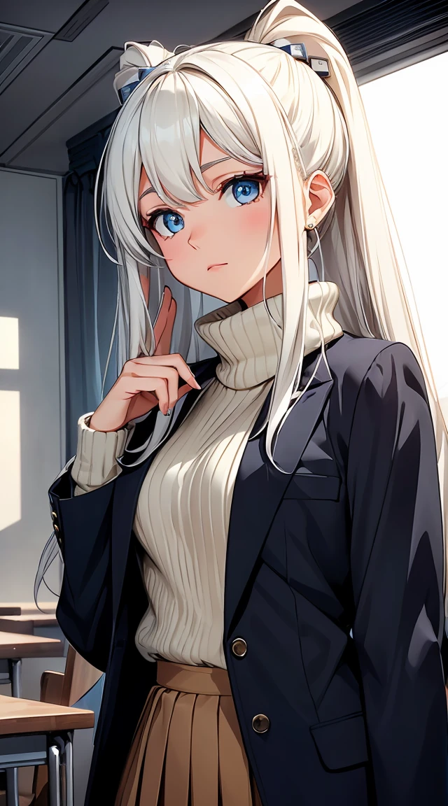 an 18-year-old girl with a tsundere personality. She has long, straight white hair that flows down her back and is adorned with a hexagonal hair clip on the right side of her head. Her eyes are large and expressive, with a blue color that reflects her various emotions. Her skin is fair and smooth. She is wearing a white blouse under a cream-colored sweater, adding an extra layer for warmth and style. She has a blue blazer over her outfit, giving her a formal and polished look. Her skirt is a short blue one that matches her blazer. She wears a simple black school shoe that is comfortable and suitable for her . Please generate an image of Maya in this outfit, with her hair and eyes as described, and her facial expression reflecting her tsundere personality.