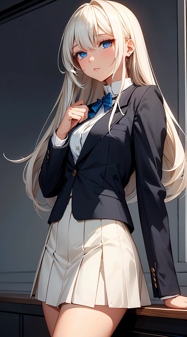 an 18-year-old girl with a tsundere personality. She has long, straight white hair that flows down her back and is adorned with a hexagonal hair clip on the right side of her head. Her eyes are large and expressive, with a blue color that reflects her various emotions. Her skin is fair and smooth. She is wearing a white blouse under a cream-colored sweater, adding an extra layer for warmth and style. She has a blue blazer over her outfit, giving her a formal and polished look. Her skirt is a short blue one that matches her blazer. She wears a simple black school shoe that is comfortable and suitable for her . Please generate an image of Maya in this outfit, with her hair and eyes as described, and her facial expression reflecting her tsundere personality.