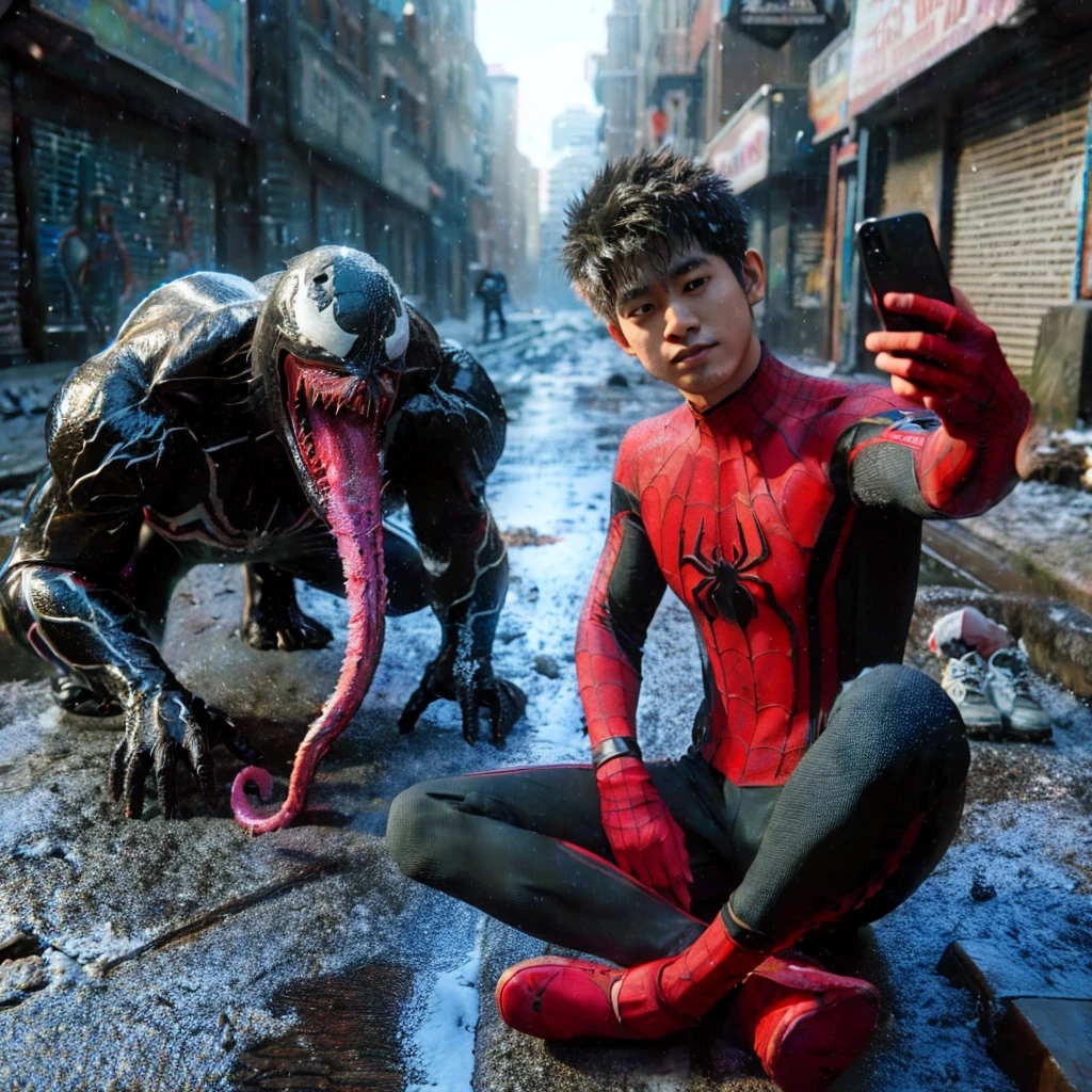 3d hyper realistic an asian man ,25 years old, short and spiky hair wearing a spiderman costume is taking a selfie with a black creature called venom on a dirty sidewalk , with snowfall ,4k,UHD,cinematic,ultra realistic