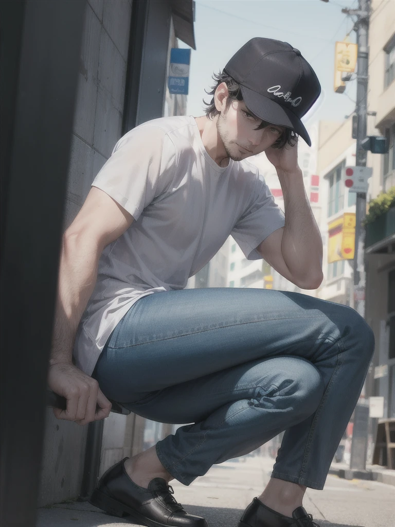 30 year old man ,tired eyes with dark circles ,moreno ,ragged clothes gray shirt ,blue pants ,black hat ,musculoso