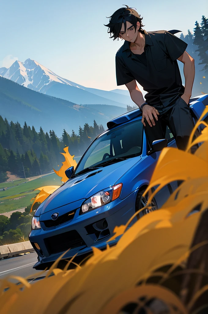 black haired boy with a subaru impreza sti with some mountains in the background for wallpaper