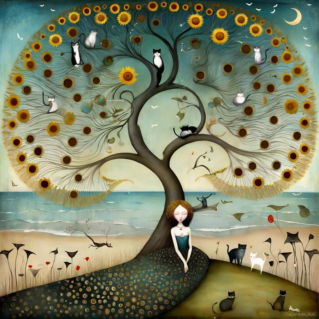 style inspired by Klimt, Nicoletta Ceccoli, Catrin Welz-Stein, Didier Lourenço, and Leonora Carrington. In the seascape of a beach, with dunes, grass, a large tree with many large branches moving in every direction. On the branches are cats, with long necks and tails and many colors, sleeping. sunflower and dandelion flowers. style inspired by Klimt, Nicoletta Ceccoli, Catrin Welz-Stein, Didier Lourenço, and Leonora Carrington. In the seascape of a beach, with dunes, grass, a large tree with many large branches moving in every direction. On the branches are cats, with long necks and tails and many colors, sleeping. sunflower and dandelion flowers.

