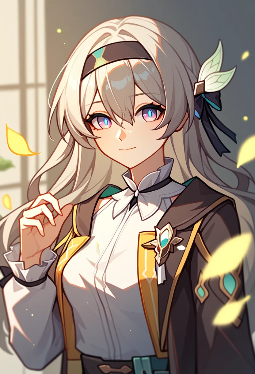 firefly_\(honkai:_star_rail\), 1girl, black_hairband, grey_hair, long_hair, purple_eyes, black_jacket, long_sleeves, hair_between_eyes, white_shirt, very_long_hair