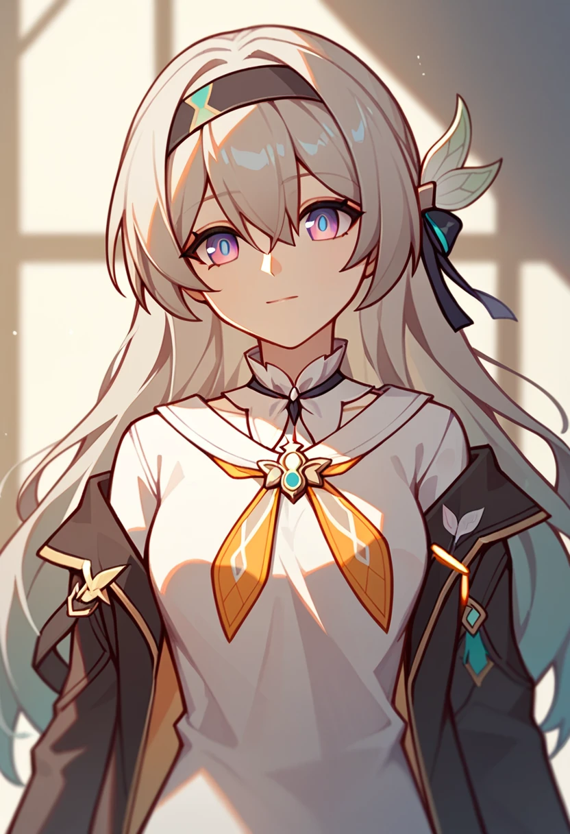 firefly_\(honkai:_star_rail\), 1girl, black_hairband, grey_hair, long_hair, purple_eyes, black_jacket, long_sleeves, hair_between_eyes, white_shirt, very_long_hair