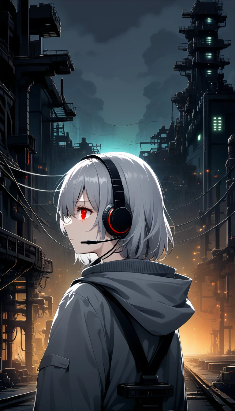 One girl, Mechanical, Expressionless, cable, Medium Hair, Red eyes, Gray Hair, Upper Body, industrial use, Outdoor, building, Glowing Eyes, From behind, headset,