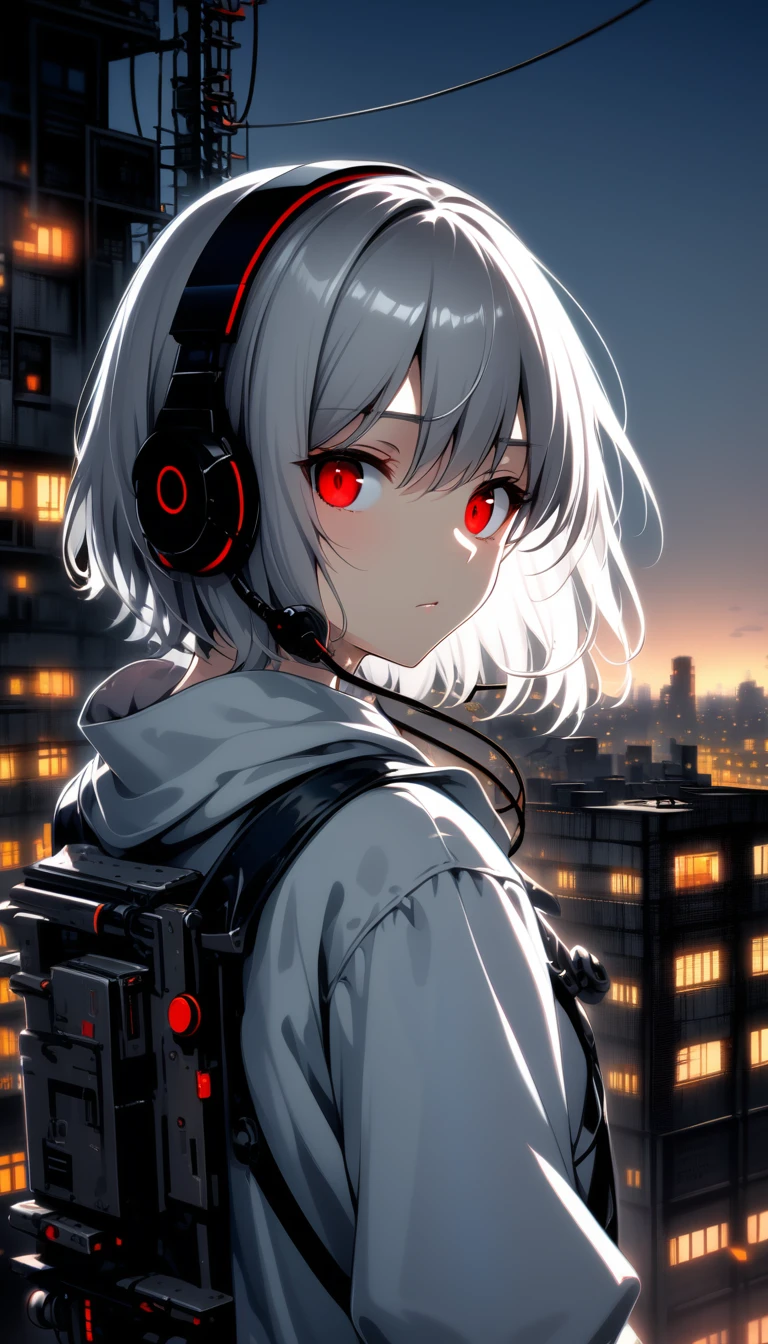 One girl, Mechanical, Expressionless, cable, Medium Hair, Red eyes, Gray Hair, Upper Body, industrial use, Outdoor, building, Glowing Eyes, From behind, headset,