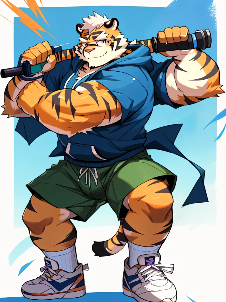 New Jersey 5 Hairy, masterpiece, high quality, anime, detailed eyes, male kosutora, anthro, tiger, Great physique, strong arms manly, (((orange tiger))), (((white hair))), goatee, white eyebrows, detailed purple eyes, tall, Joyful, smile. (blue short hoodie), (((shorts cargo))), sport shoes, by zixiong, katana, glasses, action pose, taser gun,