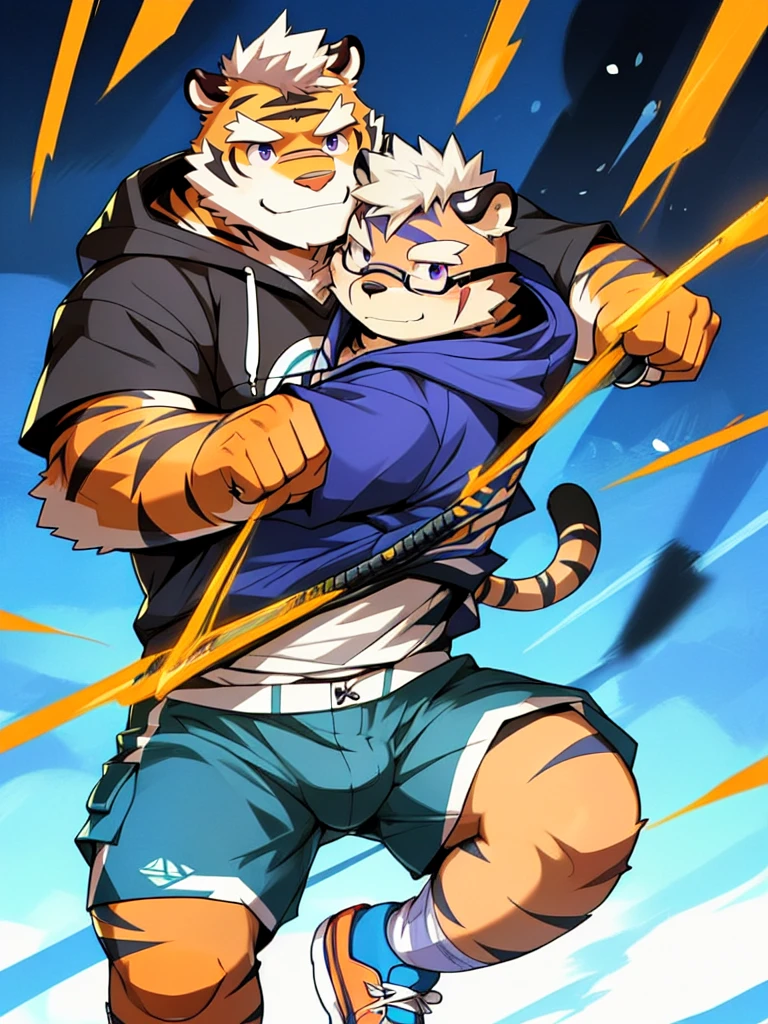 New Jersey 5 Hairy, masterpiece, high quality, anime, detailed eyes, male kosutora, anthro, tiger, Great physique, strong arms manly, (((orange tiger))), (((white hair))), goatee, white eyebrows, detailed purple eyes, tall, Joyful, smile. (blue short hoodie), (((shorts cargo))), sport shoes, by zixiong, katana, glasses, action pose, taser gun,