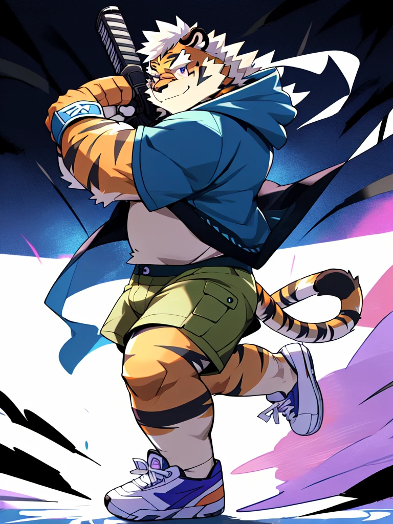 New Jersey 5 Hairy, masterpiece, high quality, anime, detailed eyes, male kosutora, anthro, tiger, Great physique, strong arms manly, (((orange tiger))), (((white hair))), goatee, white eyebrows, detailed purple eyes, tall, Joyful, smile. (blue short hoodie), (((shorts cargo))), sport shoes, by zixiong, katana, glasses, action pose, taser gun,