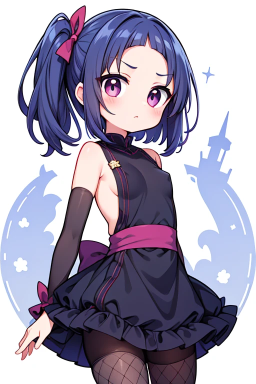 (masterpiece), (highest quality), ((Super detailed))、(super delicate)、Cute naughty Assassin girl、Pastel colors hair、medium breasts、(Thighs, fishnet pantyhose, ninja costume)、Gorgeous、short hair, (dark blue hair1.2), (naked:1.3), (forehead:1.5, bangs pinned back:1.5, asymmetrical bangs, side ponytail:1,3), standard height, (Serious, Large eyes, yuruyuri)