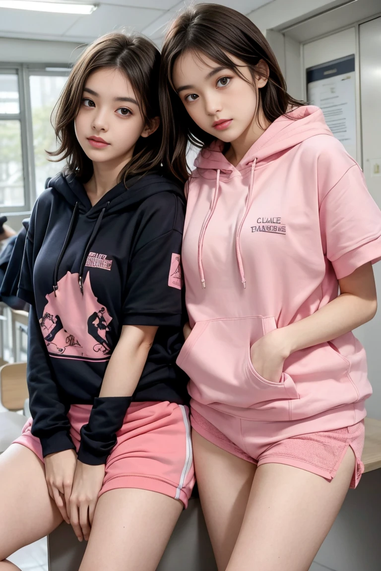 deux femmes ensemble de 18 ans sexy et mince , pink short sleeve hoodie , salle de classe, se touche,position sey,sensuel