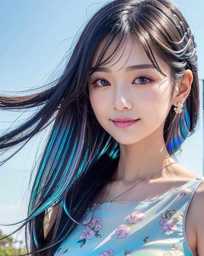 (Highest quality, 32k, High resolution, Masterpiece:1.5, ), marimo_jet, god々A photograph with brilliant dazzling and healing power., Evoking a sense of calm and elusive beauty, Expressing emotions, Have a rich imagination,Beautiful Japanese Girls, An exceptionally beautiful face, Small Face Beauty, Perfect Human ???????, Magical big eyes, Motherhood and generosity, Deep Love, fleeting smile, ((Iridescent gradient hair:1.4)), ((Super Long Straight Silk Hair:1.1)), Asymmetrical bangs, Hair between the eyes, Transparent, soft white skin, Sharp eyebrows, Thin lashes, Natural Makeup, Cheek highlighter, Pale pink detailed lips, ((Light blue floral dress:1.3)), High resolutionの完璧な鎖骨, High resolutionの美しい胸元, Slim figure with ample breasts, High resolutionの美しい太もも, ((Detailed blue sky background:1.2)), Professional Lighting, Professional photographer, Professional models, god秘的