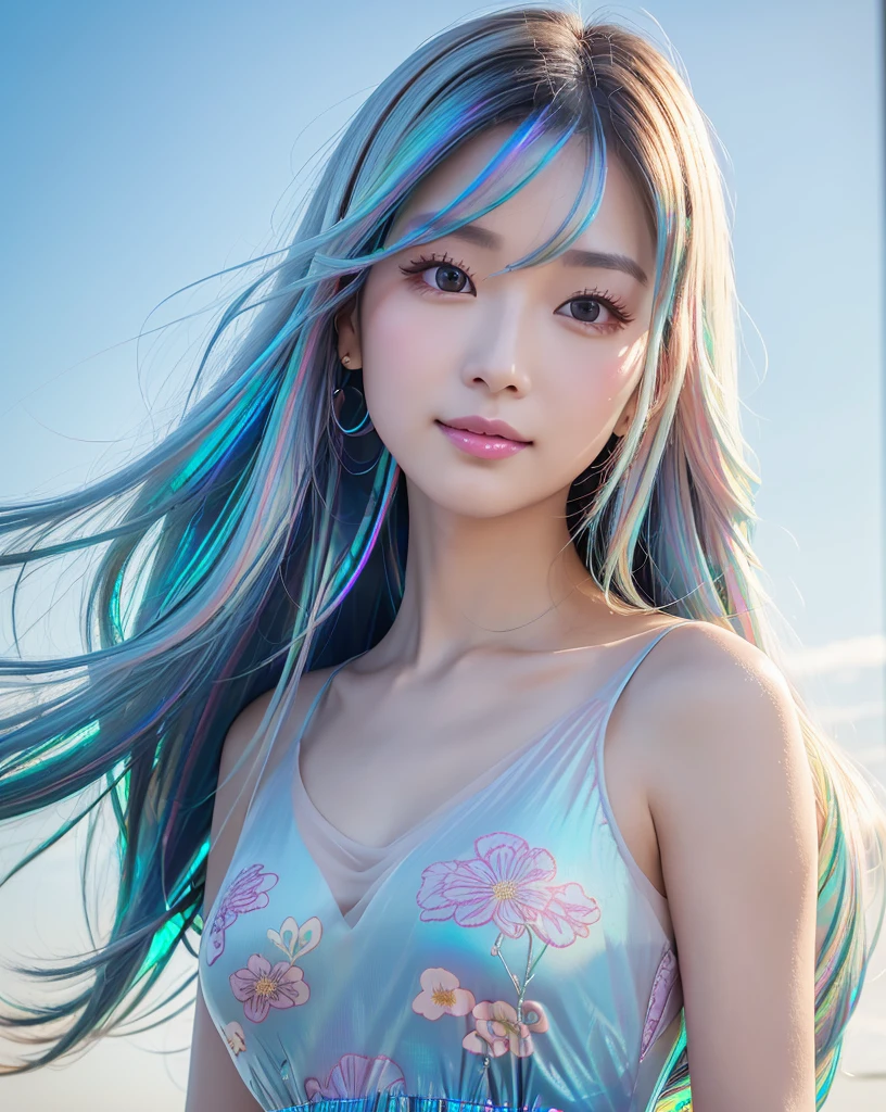 (Highest quality, 32k, High resolution, Masterpiece:1.5, ), marimo_jet, god々A photograph with brilliant dazzling and healing power., Evoking a sense of calm and elusive beauty, Expressing emotions, Have a rich imagination,Beautiful Japanese Girls, An exceptionally beautiful face, Small Face Beauty, Perfect Human Anatomy, Magical big eyes, Motherhood and generosity, Deep Love, fleeting smile, ((Iridescent gradient hair:1.4)), ((Super Long Straight Silk Hair:1.1)), Asymmetrical bangs, Hair between the eyes, Transparent, soft white skin, Sharp eyebrows, Thin lashes, Natural Makeup, Cheek highlighter, Pale pink detailed lips, ((Light blue floral dress:1.3)), High resolutionの完璧な鎖骨, High resolutionの美しい胸元, Slim figure with ample breasts, High resolutionの美しい太もも, ((Detailed blue sky background:1.2)), Professional Lighting, Professional photographer, Professional models, god秘的