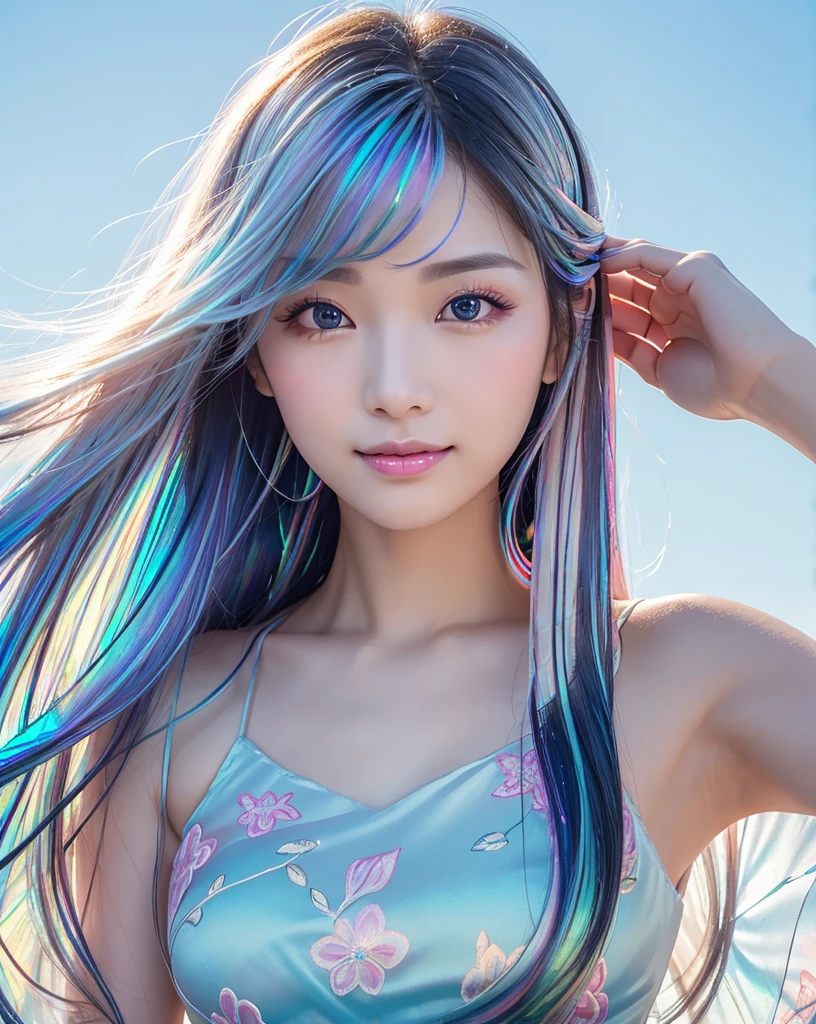 (Highest quality, 32k, High resolution, Masterpiece:1.5, ), marimo_jet, god々A photograph with brilliant dazzling and healing power., Evoking a sense of calm and elusive beauty, Expressing emotions, Have a rich imagination,Beautiful Japanese Girls, An exceptionally beautiful face, Small Face Beauty, Perfect Human Anatomy, Magical big eyes, Motherhood and generosity, Deep Love, fleeting smile, ((Iridescent gradient hair:1.4)), ((Super Long Straight Silk Hair:1.1)), Asymmetrical bangs, Hair between the eyes, Transparent, soft white skin, Sharp eyebrows, Thin lashes, Natural Makeup, Cheek highlighter, Pale pink detailed lips, ((Light blue floral dress:1.3)), High resolutionの完璧な鎖骨, High resolutionの美しい胸元, Slim figure with ample breasts, High resolutionの美しい太もも, ((Detailed blue sky background:1.2)), Professional Lighting, Professional photographer, Professional models, god秘的