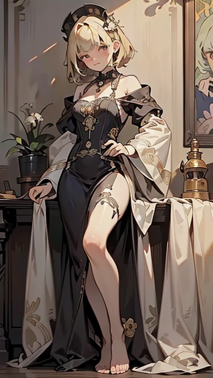 Highest quality, High resolution, woman , In prison, blonde、Bob Hair, (Alphonse Mucha:1.10),、antique、Horror taste、頭蓋Bone, Bone,((Alphonse Mucha))、A revealing maid outfit、barefoot、Chained