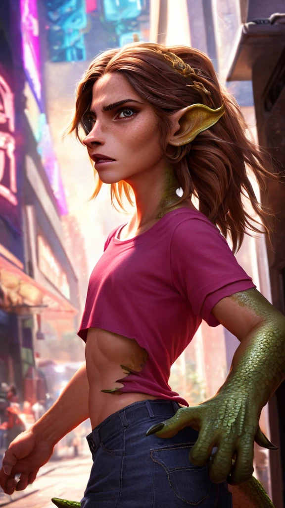 1girl, ewt, Emma watson, beautiful detailed eyes, beautiful detailed lips, extremely detailed eyes and face, long brown hair, pink t-shirt, jeans, standing on a street corner, award winning, intricate details, photorealistic, cinematic lighting, volumetric lighting, depth of field, beautiful face, striking pose, dynamic composition, vivid colors, warm tones, transformation into a dragon, green dragon with gold scales, magma breath