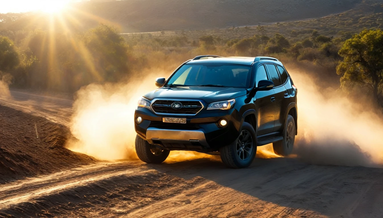 A black SUV is performing a dramatic maneuver on a dirt road, raising a cloud of dust around you. The lighting is low, suggesting late afternoon or early morning, with sunlight highlighting the vehicle's robust silhouette. No fundo, a backdrop of hills and desert vegetation adds an element of wildness and adventure. The car's front lights are on, highlighting the intense action and the sensation of speed. The atmosphere is electrifying, evoking a scene of chase or exploration across challenging, inhospitable terrain.