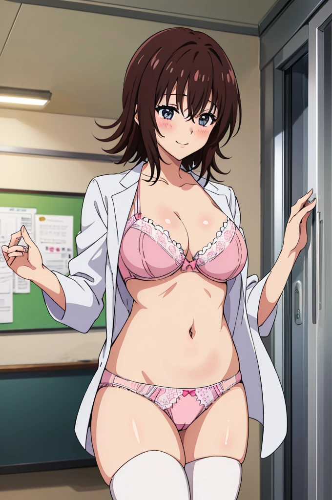 anime screencap, masterpiece, best quality, high resolution, 2D, anime cels, best quality, high resolution, 1woman, mikado ryouko, labcoat, skirt, thighhighs, (large breasts:1.2), cleavage, nose blush, smile, closed mouth, looking at veiwer best quality, extremely detailed, (illustration:1.2), high-resolution, 8k cg wallpaper, stunning art, (perfect lifted own skirt by self:1.3), line up show thighs completely, bare all navel, shiny eyes, very lovingly face, shy, (blush:1.2), , face to face, in the classroom, cowboy shot, front view, straight view, (all girls perfect show own pink panties completely:1.3)