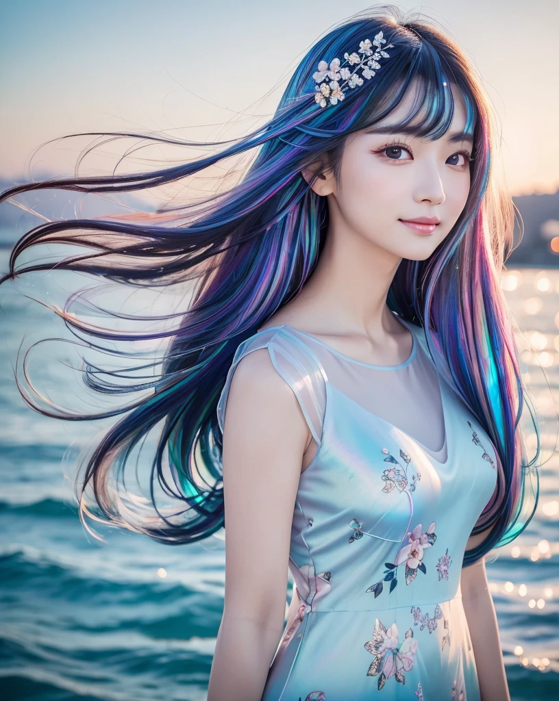 (Highest quality, 32k, High resolution, Masterpiece:1.5, ), marimo_jet, god々A photograph with brilliant dazzling and healing power., Evoking a sense of calm and elusive beauty, Expressing emotions, Have a rich imagination,Beautiful Japanese Girls, An exceptionally beautiful face, Small Face Beauty, ((profile)), Perfect Human Anatomy, Magical big eyes, Motherhood and generosity, Deep Love, fleeting smile, ((Iridescent gradient hair:1.4)), ((Super Long Straight Silk Hair:1.1)), Asymmetrical bangs, Hair between the eyes, Transparent, soft white skin, Sharp eyebrows, Thin lashes, Natural Makeup, Cheek highlighter, Pale pink detailed lips, ((Light blue floral dress:1.3)), High resolutionの完璧な鎖骨, High resolutionの美しい胸元, Slim figure with ample breasts, High resolutionの美しい太もも, ((Detailed blue sky background:1.2)), Professional Lighting, Professional photographer, Professional models, god秘的