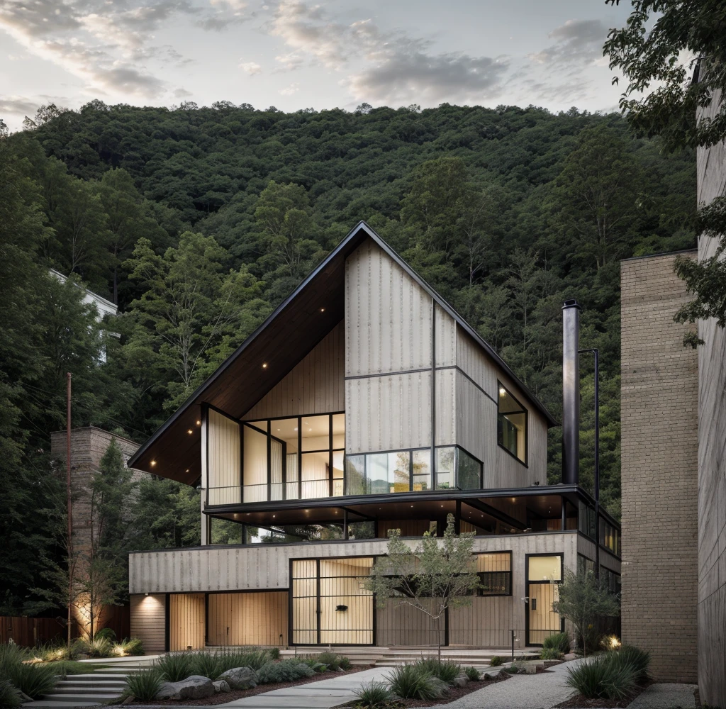 house exterior industry style, dark yellow and green color scheme, like an oldtime industry factory,raw materials, exposed structural elements, and simple, clean lines,rough-hewn steel, polished concrete, glass, and exposured brick,
