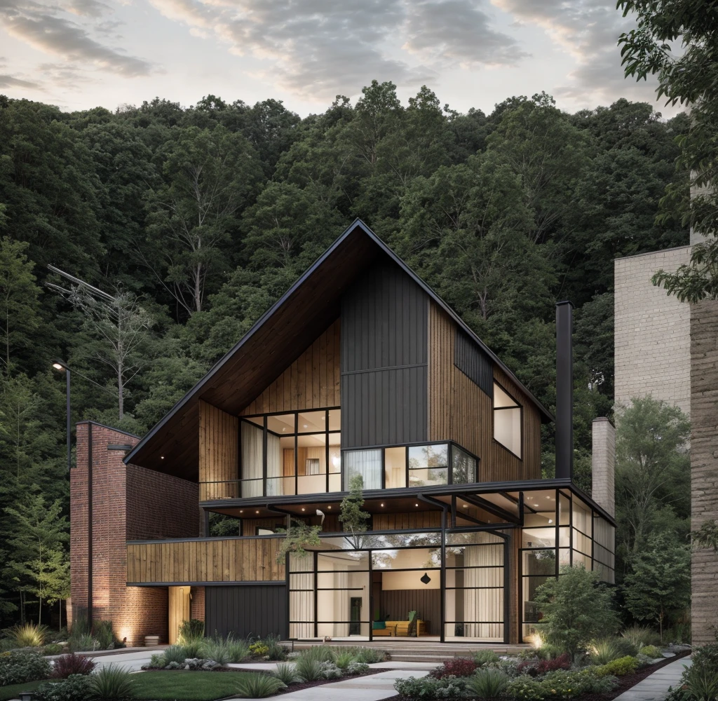 house exterior industry style, dark yellow and green color scheme, like an oldtime industry factory,raw materials, exposed structural elements, and simple, clean lines,rough-hewn steel, polished concrete, glass, and exposured brick,