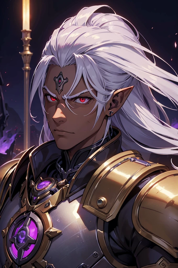 ((best quality)), ((masterpiece)), (detailed), ((boy)), ((mechanical armor)), (steampunk), (serious), dark skinned, human, upper body, portrait, red eyes, long white hair, Xemnas from Kingdom Hearts, half-drow, pointy ears, serious face, dramatic lighting, purple hue, art by Kinema Citrus