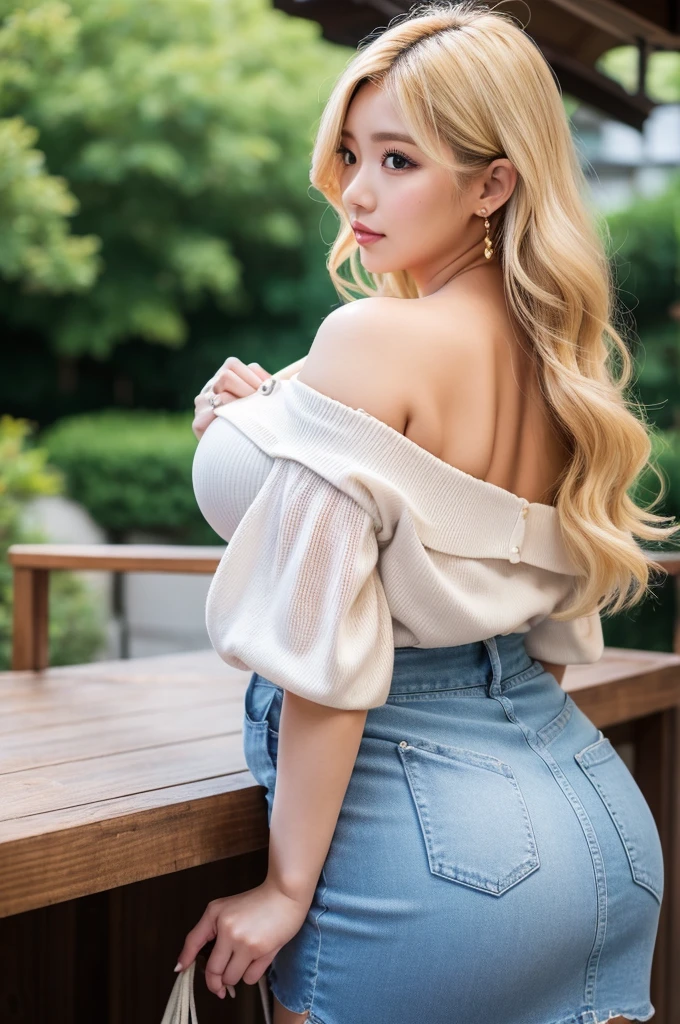 adult curvy woman,blonde wavy hair,25 years old,make up,japanese gyaru,off-the -shoulder strapped blouse,from side,short skirt,huge breasts