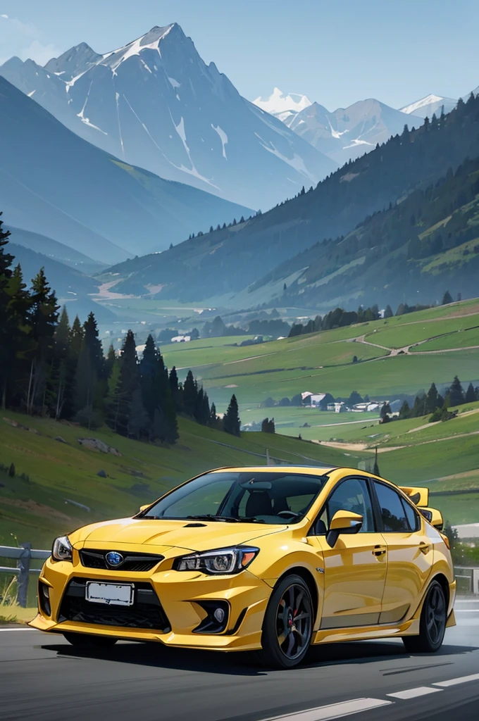 black haired boy with a subaru impreza sti with some mountains in the background for wallpaper